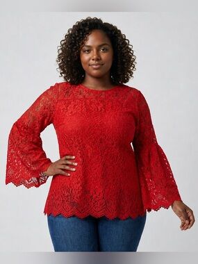 Red Floral Lace Long Sleeve Blouse/Boho/Romantic/Holiday/Elegant/Office/Party